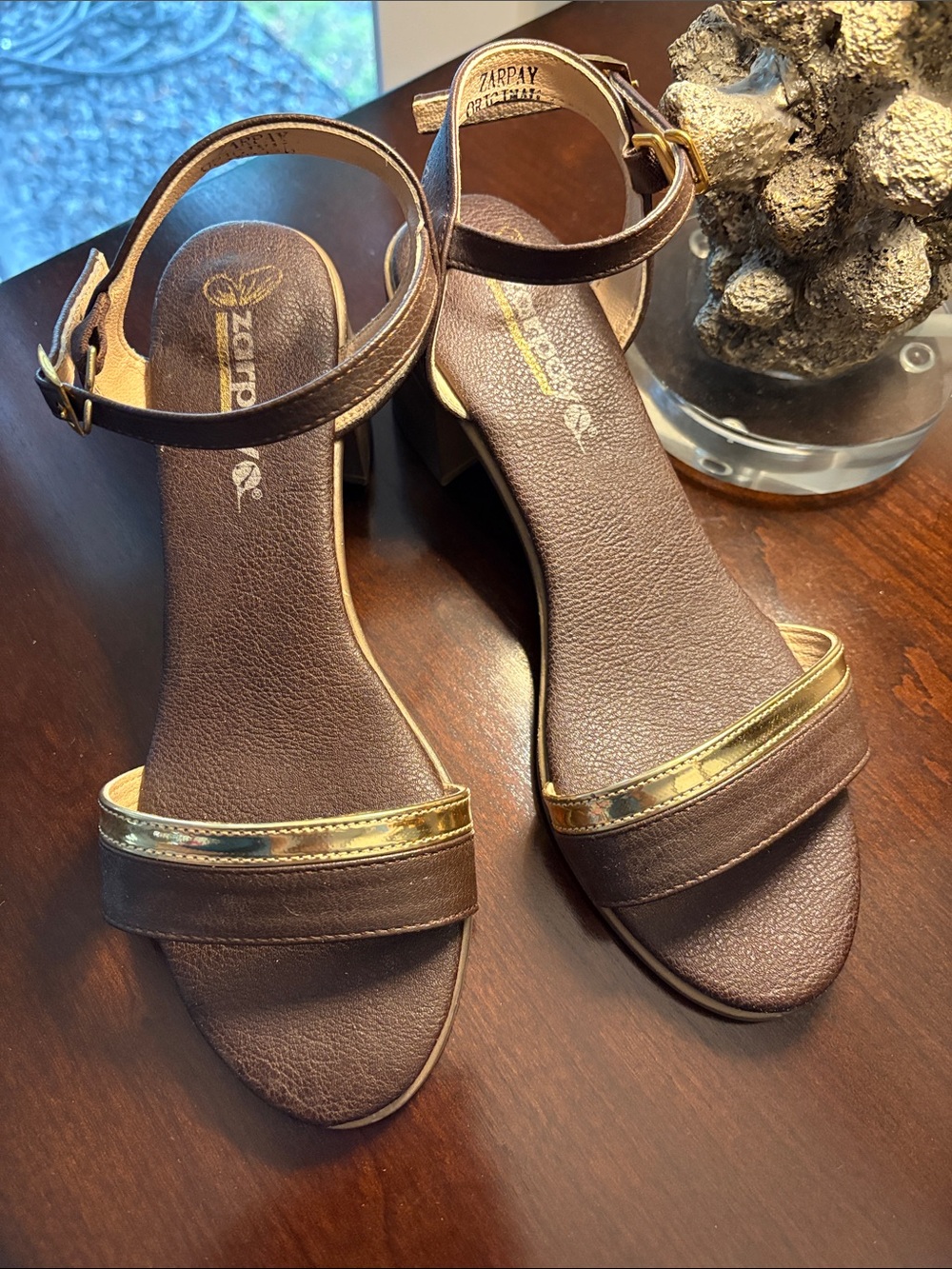 Women's Brown Sandal with Gold Accent - Classic Low Block Heel